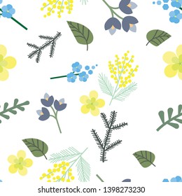 Vector hand drawn floral seamless pattern and backdrop. Elegant plant background. Intricate modern summer and spring flower illustration set
