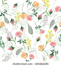 Vector hand drawn floral seamless pattern and backdrop. Elegant plant background. Intricate modern summer and spring flower illustration set