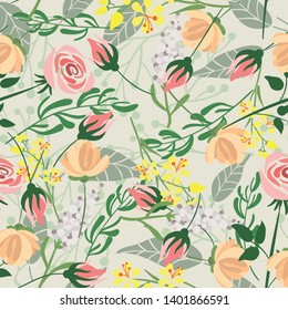 Vector hand drawn floral seamless pattern and backdrop. Elegant plant background. Intricate modern summer and spring flower illustration set