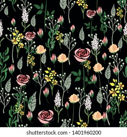 Vector hand drawn floral seamless pattern and backdrop. Elegant plant background. Intricate modern summer and spring flower illustration set
