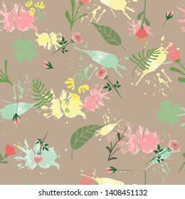 Vector hand drawn floral seamless pattern and backdrop. Elegant plant background. Intricate modern summer and spring flower illustration set