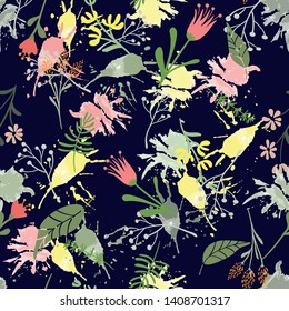 Vector hand drawn floral seamless pattern and backdrop. Elegant plant background. Intricate modern summer and spring flower illustration set