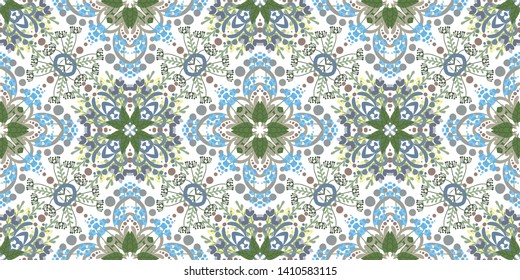 Vector hand drawn floral seamless pattern and backdrop. Kaleidoscope plant background. Intricate modern summer and spring flower illustration set