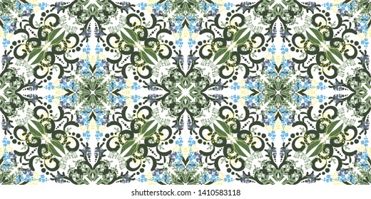 Vector hand drawn floral seamless pattern and backdrop. Kaleidoscope plant background. Intricate modern summer and spring flower illustration set