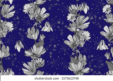 Vector hand drawn floral seamless pattern with monochrome gray flowers Chicory, branches, leaves on dark blue background. For your design, textile, wallpapers, print, greeting. Vintage style.