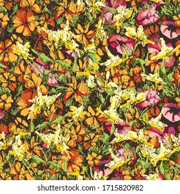 Vector hand drawn floral seamless pattern with colorful wild flowers. Summer meadow background