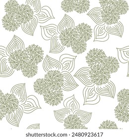 Vektorgrafik. Handgezeichnetes florales nahtloses Muster mit Blumen und Blättern. Der botanische Druck kann für Oberflächenstrukturen, Bildschirmhintergrund, Musterfüllungen, Web-Seitenhintergrund, Geschenkverpackung, Textil verwendet werden.