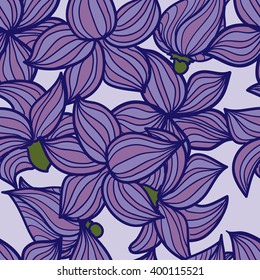 Vector hand drawn floral seamless pattern - climbing plant clematis with violet flowers