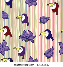 Vector hand drawn floral seamless pattern - toucan and climbing plant clematis with violet flowers