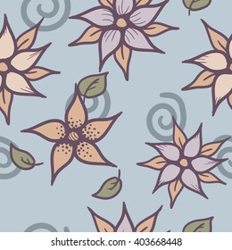 Vector hand drawn floral seamless pattern - fantasy abstract plant with violet flowers in calm colors