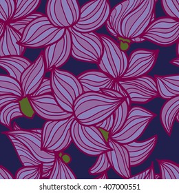 Vector hand drawn floral seamless pattern - climbing plant clematis with violet flowers