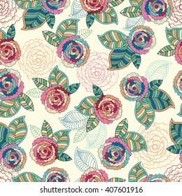 Vector hand drawn floral seamless pattern. Colorful spring or summer background with rose and leaf