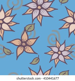 Vector hand drawn floral seamless pattern - fantasy abstract plant with violet flowers in calm blue and violet colors