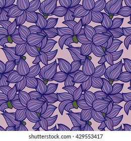 Vector hand drawn floral seamless pattern - climbing plant clematis with violet flowers. Fashion background for your design
