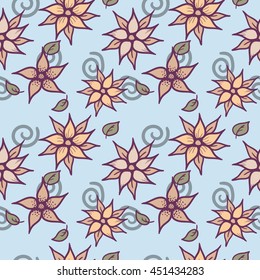 Vector hand drawn floral seamless pattern - fantasy abstract plant with violet flowers in calm colors for fashion fabric textile print