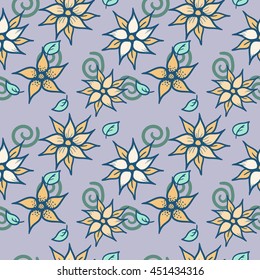 Vector hand drawn floral seamless pattern - fantasy abstract plant with violet flowers in calm colors for fashion fabric textile print