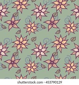 Vector hand drawn floral seamless pattern - fantasy abstract plant with orange flowers in calm colors for fashion fabric textile print