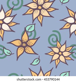 Vector hand drawn floral seamless pattern - fantasy abstract plant with orange flowers in calm colors for fashion fabric textile print