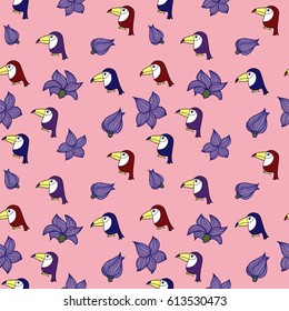 Vector hand drawn floral seamless pattern - toucan and climbing plant clematis with violet flowers