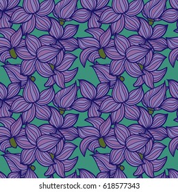 Vector hand drawn floral seamless pattern - climbing plant clematis with violet flowers. Fashion backdrop.