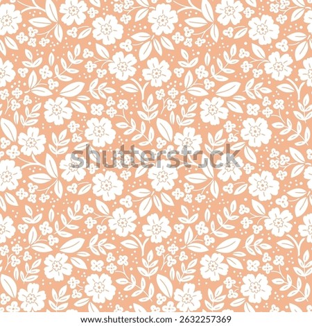 Vector hand drawn floral seamless pattern with white flowers on light orange background in doodle style. Сute contemporary minimalistic trendy boho background design for kids. 