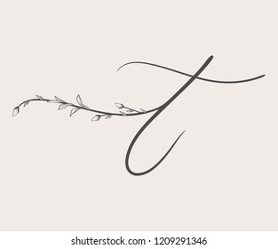 Vector Hand Drawn floral T monogram or logo. Lowercase Hand Lettering Letter t with Flowers and Branches. Wildflowers. Floral Design. Feminine brand logo and monogram