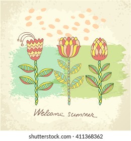 Vector hand drawn floral template card. Doodle summer background. Wedding, anniversary, birthday, Valentine's day, party. For poster, card, invitation, placard, brochure, flyer.