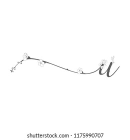 Vector Hand Drawn floral U monogram or logo. Lowercase Hand Lettering Letter u with Flowers and Branches. Wildflowers. Floral Design. Feminine brand logo and monogram