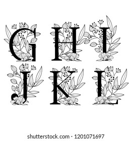Vector Hand Drawn floral uppercase letters monograms or logo. Uppercase Letters G, H, I, K, L with Flowers Floral Design