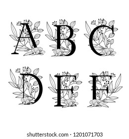 Vector Hand Drawn floral uppercase letters monograms or logo. Uppercase Letters A, B, C, D, E, F with Flowers Floral Design