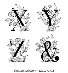 Vector Hand Drawn floral uppercase letters monograms or logo. Uppercase Letters X, Y, Z, & with Flowers Floral Design