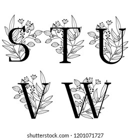 Vector Hand Drawn floral uppercase letters monograms or logo. Uppercase Letters S, T, U, V, W with Flowers Floral Design