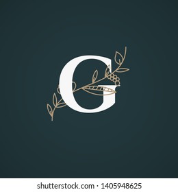 Vector Hand Drawn floral uppercase letters monograms or logo. Uppercase Letter G with Flowers and Branches. Suitable for card, invitation, save the date, logo, business identity style.