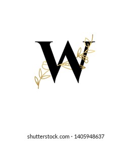Vector Hand Drawn floral uppercase letters monograms or logo. Uppercase Letter W with Flowers and Branches. Suitable for card, invitation, save the date, logo, business identity style.