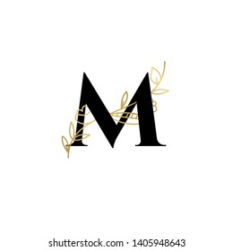 Vector Hand Drawn floral uppercase letters monograms or logo. Uppercase Letter M with Flowers and Branches. Suitable for card, invitation, save the date, logo, business identity style.