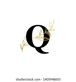 Vector Hand Drawn floral uppercase letters monograms or logo. Uppercase Letter Q with Flowers and Branches. Suitable for card, invitation, save the date, logo, business identity style.