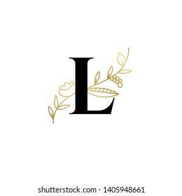 Vector Hand Drawn floral uppercase letters monograms or logo. Uppercase Letter L with Flowers and Branches. Suitable for card, invitation, save the date, logo, business identity style.