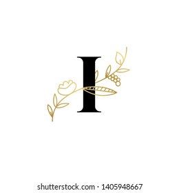 Vector Hand Drawn floral uppercase letters monograms or logo. Uppercase Letter I with Flowers and Branches. Suitable for card, invitation, save the date, logo, business identity style.