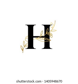 Vector Hand Drawn floral uppercase letters monograms or logo. Uppercase Letter H with Flowers and Branches. Suitable for card, invitation, save the date, logo, business identity style.