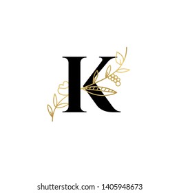 Vector Hand Drawn floral uppercase letters monograms or logo. Uppercase Letter K with Flowers and Branches. Suitable for card, invitation, save the date, logo, business identity style.