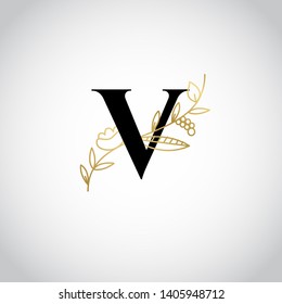 Vector Hand Drawn floral uppercase letters monograms or logo. Uppercase Letter V with Flowers and Branches. Suitable for card, invitation, save the date, logo, business identity style.