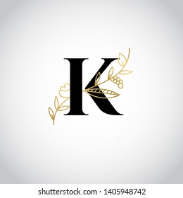 Vector Hand Drawn floral uppercase letters monograms or logo. Uppercase Letter K with Flowers and Branches. Suitable for card, invitation, save the date, logo, business identity style.