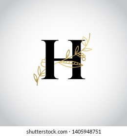 Vector Hand Drawn floral uppercase letters monograms or logo. Uppercase Letter H with Flowers and Branches. Suitable for card, invitation, save the date, logo, business identity style.