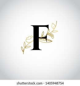 Vector Hand Drawn floral uppercase letters monograms or logo. Uppercase Letter F with Flowers and Branches. Suitable for card, invitation, save the date, logo, business identity style.