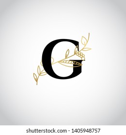 Vector Hand Drawn floral uppercase letters monograms or logo. Uppercase Letter G with Flowers and Branches. Suitable for card, invitation, save the date, logo, business identity style.