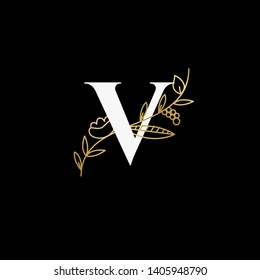Vector Hand Drawn floral uppercase letters monograms or logo. Uppercase Letter V with Flowers and Branches. Suitable for card, invitation, save the date, logo, business identity style.