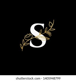 Vector Hand Drawn floral uppercase letters monograms or logo. Uppercase Letter S with Flowers and Branches. Suitable for card, invitation, save the date, logo, business identity style.