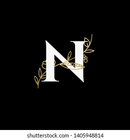 Vector Hand Drawn floral uppercase letters monograms or logo. Uppercase Letter N with Flowers and Branches. Suitable for card, invitation, save the date, logo, business identity style.
