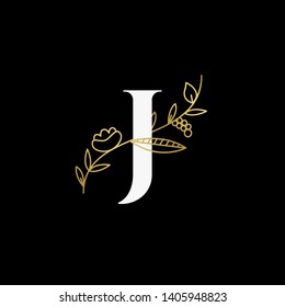 Vector Hand Drawn floral uppercase letters monograms or logo. Uppercase Letter J with Flowers and Branches. Suitable for card, invitation, save the date, logo, business identity style.