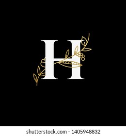 Vector Hand Drawn floral uppercase letters monograms or logo. Uppercase Letter H with Flowers and Branches. Suitable for card, invitation, save the date, logo, business identity style.
